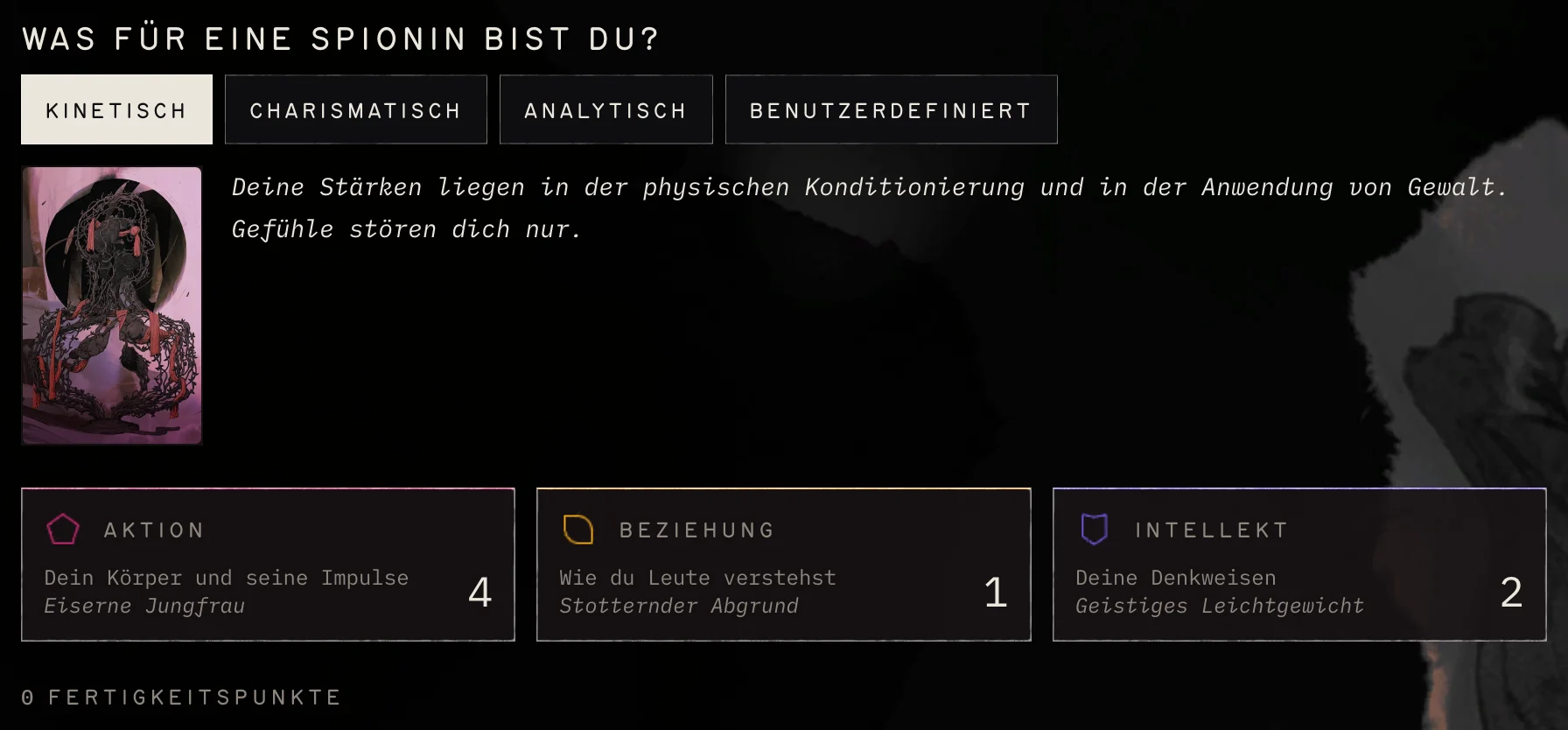 Die Archetyp-Wahl mit Kinetisch ausgewählt und die drei Veranlagungskarten