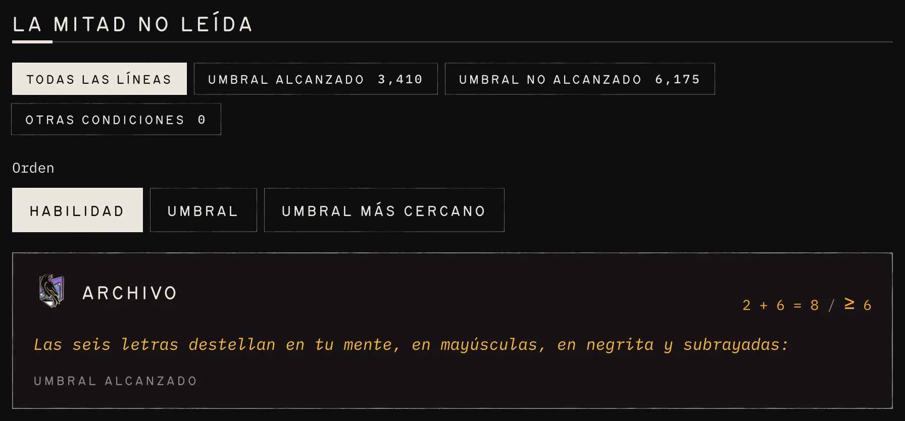 La mitad no leída: las líneas filtradas por umbral alcanzado o no, ordenadas por habilidad