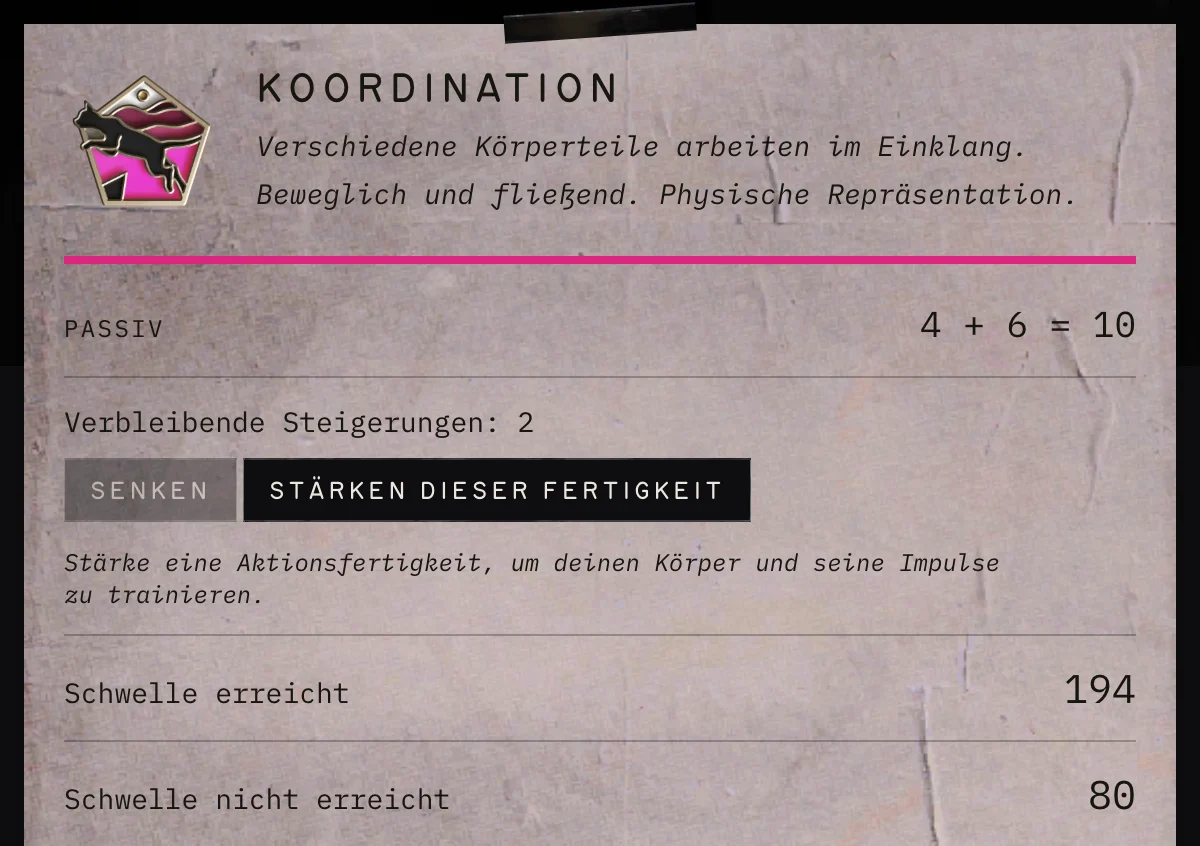 Eine Fertigkeitskarte: der passive Wert, die verbleibenden Steigerungen und die Schaltfläche zum Steigern