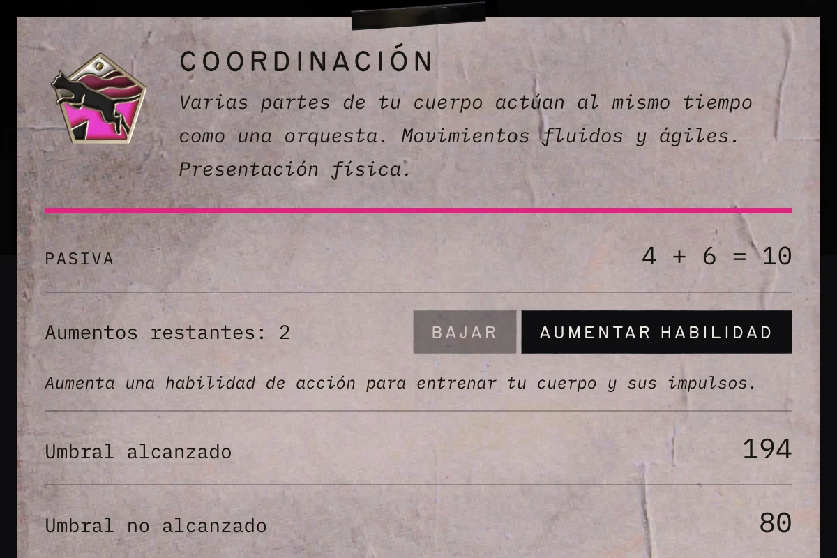 Una tarjeta de habilidad: su valor pasivo, los aumentos restantes y el botón para subirla
